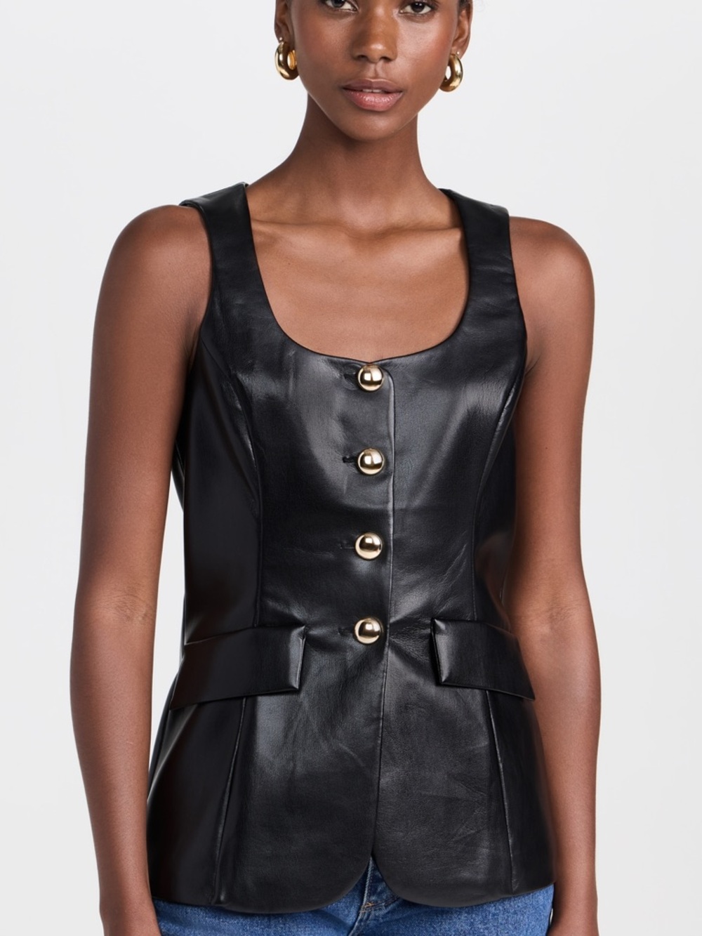 Amanda Uprichard Black Faux Leather Button Front Vest